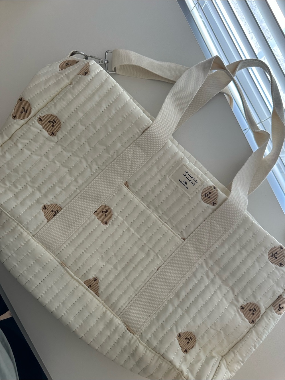 Cream Quilted Kids Tote Bag with Bear Motif